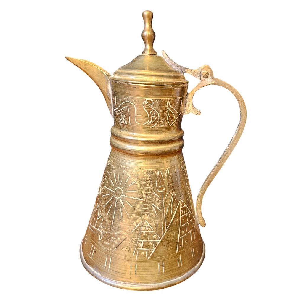 Vintage Etched Brass Dallah Coffee Pot Middle Eastern Pyramid Camel Design 7in